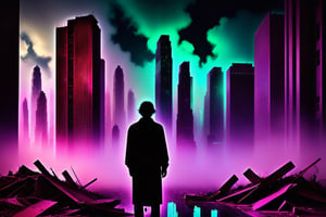 In a digitally distorted landscape of shimmering neon lights and crumbling skyscrapers, a lone figure stands amidst the chaos, their silhouette outlined against a hazy backdrop of pixelated clouds. This surreal scene, captured in a hauntingly beautiful vintage photograph, brings to life an elysian vision of a world once pristine and perfect, now corrupted and decaying. The colors are vibrant and rich, the details painstakingly crafted to evoke a sense of both wonder and unease. The image conveys a sense of nostalgia for a reality that never was, a twisted dream of a future that never came to be.