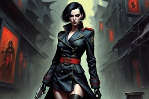 Warhammer 40k, beautiful female commissar, full figure,full-body, tall, skinny, curvy, epic black trench coat, short skirt, short black hair, chiseled jawline pale skin and a judgmental gaze, low quality image, exhibiting grainy texture, jpg artifacts, film grain, gritty, snug, elite, well-dressed, polished, sophisticated, form-fitting shirt, , vivid colors, pen and ink, UHD drawing, pen and ink, Oil painting, digital painting, clair obscure, by fernanda suarez and pascal blanche and rembrandt and gustave dore and simon stalenhag and ghost in the shell and francois schuiten and liam wong and altered carbon and cyberpunk 2077 and blade runner and american mcgee's alice, vintage photography, epic, gloomy