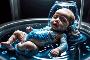 A cool cinematic image of a small newborn synthetic hybrid human child submerged in translucent blue thick viscosity fluid that contains life preserving nana bots that provide substance to the baby in an advanced artificial machinal womb. bio-organics and medical tech surrounds the image and powers the life-giving machine. The image should use realistic textures, hyper-realistic image with ultra detailed composition that creates an amazing science fiction movie scene