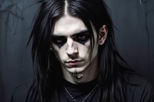 depression, despair, dark, young goth long haired man in black clothes, sadness, inner demons