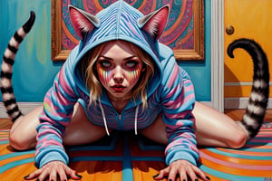 Painting by Alex Garant, gorgeous woman in hooded cat onesie on all fours, cat ears, cat tail, optical illusion, deconstruction, dizzying, intricate detail, vivid color palette, repetitive patterns, disorienting