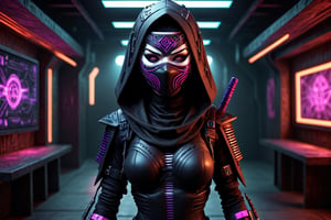 3d render futuristic emo cyberpunk ninja witch, masked, in sci-fi club, ultra detailed, hyperrealistic 8k photo realistic sharp detail (full view) centered in darkness