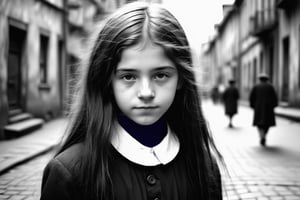 Black & white photography, portrait of chassidic 15-year-old girl in 1915 prague ghetto, disheveled shoulder length hair, natural light, urbanscape in the blackground, harsh shadows, large lens