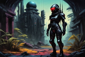 full body portrait of cyberpunk soldier in black kevlar military space suit with space helmet, scavenging ancient alien ruins, space punk, alien planet, jungle, neo-classical domed biospheres designed by Buckminster Fuller and Albert Speer, dark fantasy, Jotunheim, home of the jötnar, vast and chaotic wilderness, Oil on canvas in the style of JBC Corot, Yoshikata Amano, Andy Kehoe, Ismail Inceoglu, Russ Mills, Victo Ngai, Bella Kotak, noir, by charlie bowater and dan mumford and trevor Brown, heavy shadows, dark tones, city background, noir, gloomy, dark, neo-noir cyberpunk city, intricate, elegant, highly detailed, devil-armor, 2D motifs detailed dark fantasy digital painting, artstation, concept art, smooth, sharp focus, illustration, art by Otomo Katsuhiro and Shirō Masamune and Oshii Mamoru, style of Jason de Graaf, James Clyne, intricately detailed, cyberpunk, pop art, long exposure, sharp focus, radiant, trending on Artstation, abstract art complementary colors fine details, nost