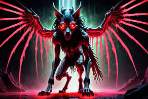 Dark Illustration of a skinwalker, style of glitch art, cyberpunk layered imagery with subtle irony, light white and red, Angura Kei, Cosmic Fallen Angel, glowing light eyes, Biomechanical, eerie, Creepy, nightmarish, Very bright colors, Light particles, with light glowing, Mshiff, wallpaper art, UHD wallpaper, anakil skywalker, medieval clothes, cinematic lighting