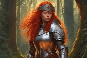 (((Ultra detailed, Megapixel)))
a woman in armor standing in a forest, hyperrealistic fantasy art, she has long redorange hair, trending on artstattion, render of mirabel madrigal, npc with a saint's halo, prince crown of red gears, portrait of cute soldier girl, mtg art, wildfire, brave, guard