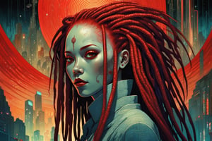 victo ngai, kilian eng painting of a maiden with red dreadlocks with detailed face, cyberpunk, retrofutuist, spacecore, cold colours, epic scene, vibrant colours, dynamic lighting, art by Greg Rutkowski