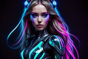high quality, 8K Ultra HD, full body, have a cyber saber, a mesmerizing 20-year-old woman with a futuristic beauty that seems to transcend time and space, intricately woven into her very being, encased in the cybernetic suit, move with fluidity and precision, Her flowing hair resembles streams of neon lights, casting a vibrant glow that adds a touch of cyberpunk brilliance to her appearance, Each strand of hair is meticulously crafted with holographic patterns that shimmer and shift, creating an ever-changing display of colors, by yukisakura, highly detailed,