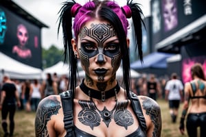 a woman with tattoos is posing for a picture, beautiful cyberpunk girl face, sony a 7 s, black metal face paint, nephilim, festival, walking towards camera, android heroine, general human form, psytrance
