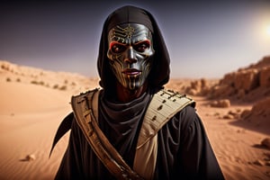 Libya personified as a villain, Cinematic style, Blurred background, High Detail, HR, Dark Background, realistic physics, photorealistic, ray tracing, unreal engine, HDR, 8K, Desert, masked african, war background, scarfaced,Berber