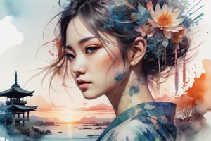 Japanese culture Double exposure Digital watercolor Illustration of a summerscape sunset portrait, by JB, Waterhouse, Carne Griffiths, Minjae Lee, Ana Paula Hoppe, Stylized watercolor art, Intricate, Complex contrast, HDR, Sharp, soft Cinematic Volumetric lighting, pastel colours, wide long shot, perfect masterpiece, detailed matte painting, deep color, fantastical, intricate detail, splash screen, complementary colors, fantasy concept art, 8k resolution trending on Artstation Unreal Engine 5"