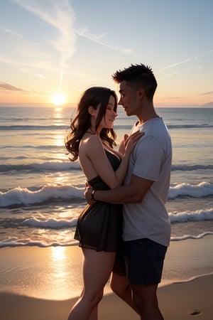 As the sun sets over the ocean, a young couple embraces on the beach, their love radiating in the warm golden light.