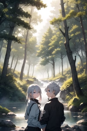 A dreamy nature background, with a misty forest setting the scene for an adorable teenage couple , their anime-inspired eyes locked in a loving gaze as they explore the beauty of nature together.,girl