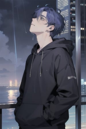 1 boy, sad and depressed on his face, standing near the ocean or on a skyscraper, has blue-purple mixed hair, wearing a black hoodie with earphones in his ears, looking up the sky that is pouring rain and making him wet