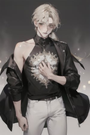 a boy, charming, romantic, playful, confident, wearing wide shoulder multi patterned black jacket with white tee and leather skinny pants, hair blond color tied in a ponytail.