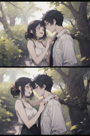 A serene nature background with a gentle breeze rustling through the trees, framing an adorable teenage couple lost in a moment of pure love and joy, their anime-inspired features shining with emotion.