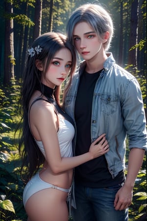 A dreamy nature background, with a misty forest setting the scene for an adorable teenage couple , their anime-inspired eyes locked in a loving gaze as they explore the beauty of nature together.,girl