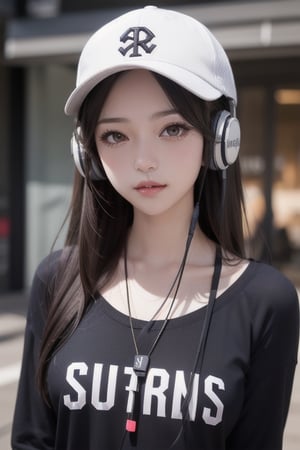 1girl, solo, headphones, hat, baseball_cap, long_hair, brown_eyes, looking_at_viewer, black_hair, lips, long_sleeves, upper_body, closed_mouth, brown_hair, artist_name

