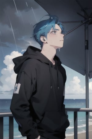 1 boy, sad and depressed on his face, standing near the ocean or on a skyscraper, has blue hair, wearing a black hoodie with earphones in his ears, looking up the sky that is pouring rain and making him wet