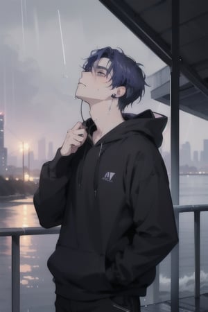 1 boy, sad and depressed on his face, standing near the ocean or on a skyscraper, has blue-purple mixed hair, wearing a black hoodie with earphones in his ears, looking up the sky that is pouring rain and making him wet