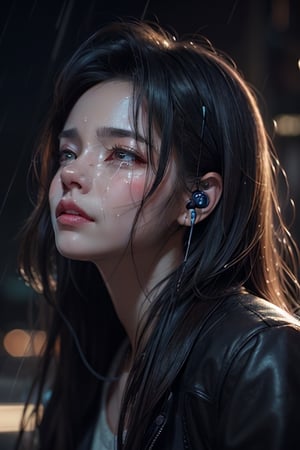 there is a man with long hair and earphones on in the rain, artwork in the style of guweiz, realistic art style, realistic digital art 4 k, realistic digital art 4k, tears in the rain, sad expression, beautiful digital artwork, realistic art style, crying tears, raining portrait, beautiful crying! android man, realistic anime 3 d style.
