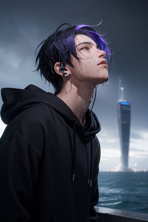 1 boy, sad and depressed on his face, standing near the ocean or on a skyscraper, has blue-purple hair, wearing a black hoodie with earphones in his ears, looking up the sky that is pouring rain and making him wet