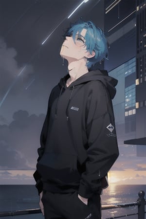 1 boy, sad and depressed on his face, standing near the ocean or on a skyscraper, has blue hair, wearing a black hoodie with earphones in his ears, looking up the sky that is pouring rain and making him wet