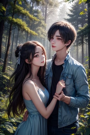 A dreamy nature background, with a misty forest setting the scene for an adorable teenage couple, their anime-inspired eyes locked in a loving gaze as they explore the beauty of nature together.,girl