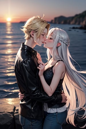 Picture a romantic anime scene by the sea at sunset, where a confident, playfully charming boy in a multi-patterned black jacket with striking blond hair embraces a radiant girl in a long Buggie tee, expressive blue and white hair, and skinny jeans. Their deep connection culminates in a tender kiss, creating a truly romantic and picturesque moment.,SAM YANG,kallen stadtfeld