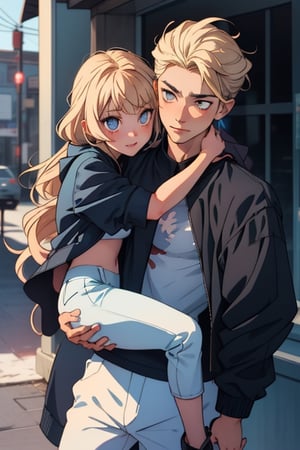 Imagine a heartwarming anime-style scene where a charming young boy and a radiant girl are locked in a warm embrace. The boy exudes confidence and a touch of playfulness, dressed in a wide-shouldered, multi-patterned black jacket with a white tee and leather skinny pants, his hair a striking shade of blond.

The girl, with expressive eyes and a graceful presence, is wrapped in the boy's arms, her long hair beautifully colored in shades of blue and white. Their hug symbolizes their deep connection, creating a moment of pure affection