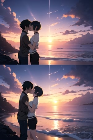 anime couple kissing on the beach at sunset, sakimichan and makoto shinkai, fiona staples and makoto shinkai, guweiz and makoto shinkai, ( ( makoto shinkai ) ), makoto shinkai cyril rolando, gorgeous romantic sunset, makoto shinkai!, makoto shinkai. —h 2160