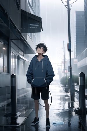 Imagine a young teenage boy with long, black and white hair, standing on a skyscraper or by the ocean. He's dressed in a blue hoodie and wears earphones, tears blending with the rain as he looks up at the sky, completely soaked in the downpour.