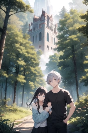 A dreamy nature background, with a misty forest setting the scene for an adorable teenage couple , their anime-inspired eyes locked in a loving gaze as they explore the beauty of nature together.,girl