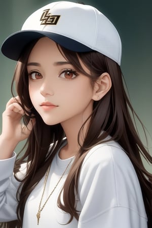 1girl, solo, headphones, hat, baseball_cap, long_hair, brown_eyes, looking_at_viewer, black_hair, lips, long_sleeves, upper_body, closed_mouth, brown_hair, artist_name