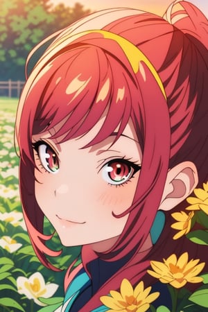 Create an anime girl character with a flawless and enchanting face. She wears an elegant dress and a vibrant floral hairband, illuminated by the soft, golden rays of the setting sun. In the midst of a field adorned with vibrant sunset rose flowers, ensure that her eyes sparkle with warmth, her smile is inviting, and her overall appearance exudes a captivating and timeless beauty. Please emphasize the beauty of her facial features to create a truly enchanting character,kaede