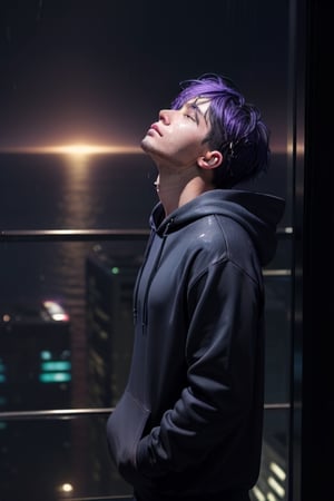 1 boy, sad and depressed on his face, standing near the ocean or on a skyscraper, has blue-purple hair, wearing a black hoodie with earphones in his ears, looking up the sky that is pouring rain and making him wet