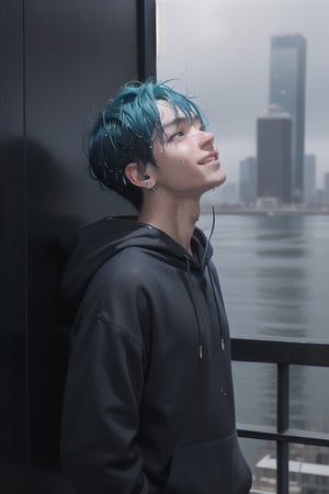 1 boy, sad and depressed with a sadic smile on his face, standing near the ocean or on a skyscraper, has blue hair, wearing a black hoodie with earphones in his ears, looking up the sky that is pouring rain and making him wet