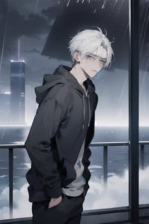 Visualize an exceptionally handsome teenage boy with medium long, black and white hair standing at the top of a skyscraper or near the ocean. he's wearing a blue hoodie and has earphones in her ears. Despite his remarkable handsomeness, he's deeply distressed, tears mixing with the rain as he gazes up at the sky, getting drenched by the pouring rain
