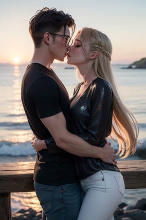 Envision a romantic anime-style scene with a charming young boy and a radiant girl locked in a warm embrace against the backdrop of a picturesque sunset by the sea; the boy exudes confidence and playfulness in a wide-shouldered, multi-patterned black jacket with a white tee, leather skinny pants, and striking blond hair, while the girl, with expressive eyes and a graceful presence, dons a long Buggie tee, skinny jeans, and beautifully colored long hair in shades of blue and white, symbolizing their deep connection, sealed with a tender kiss in this truly romantic and picturesque moment.
