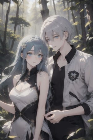 A dreamy nature background, with a misty forest setting the scene for an adorable teenage couple, their anime-inspired eyes locked in a loving gaze as they explore the beauty of nature together.,girl