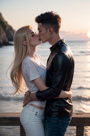 Envision a romantic anime-style scene with a charming young boy and a radiant girl locked in a warm embrace against the backdrop of a picturesque sunset by the sea; the boy exudes confidence and playfulness in a wide-shouldered, multi-patterned black jacket with a white tee, leather skinny pants, and striking blond hair, while the girl, with expressive eyes and a graceful presence, dons a long Buggie tee, skinny jeans, and beautifully colored long hair in shades of blue and white, symbolizing their deep connection, sealed with a tender kiss in this truly romantic and picturesque moment.