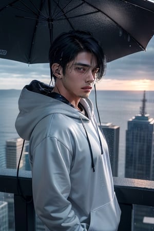 Visualize an exceptionally handsome teenage boy with long, black and white hair standing at the top of a skyscraper or near the ocean. he's wearing a blue hoodie and has earphones in her ears. Despite his remarkable handsomeness, he's deeply distressed, tears mixing with the rain as he gazes up at the sky, getting drenched by the pouring rain
