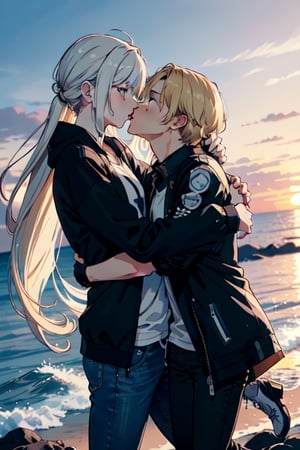 Envision a romantic anime-style scene with a charming young boy and a radiant girl locked in a warm embrace against the backdrop of a picturesque sunset by the sea; the boy exudes confidence and playfulness in a wide-shouldered, multi-patterned black jacket with a white tee, leather skinny pants, and striking blond hair, while the girl, with expressive eyes and a graceful presence, dons a long Buggie tee, skinny jeans, and beautifully colored long hair in shades of blue and white, symbolizing their deep connection, sealed with a tender kiss in this truly romantic and picturesque moment.