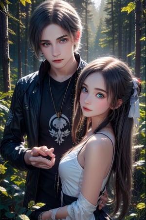 A dreamy nature background, with a misty forest setting the scene for an adorable teenage couple , their anime-inspired eyes locked in a loving gaze as they explore the beauty of nature together.,girl