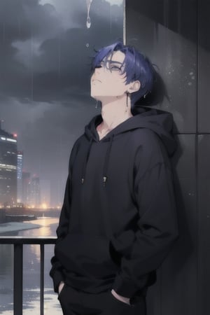1 boy, sad and depressed on his face, standing near the ocean or on a skyscraper, has blue-purple hair, wearing a black hoodie with earphones in his ears, looking up the sky that is pouring rain and making him wet