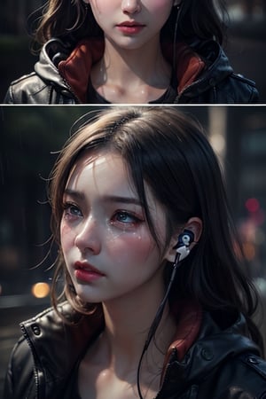there is a man with earphones on in the rain, artwork in the style of guweiz, realistic art style, realistic digital art 4 k, realistic digital art 4k, tears in the rain, sad expression, beautiful digital artwork, realistic art style, crying tears, raining portrait, beautiful crying! android man, realistic anime 3 d style.
