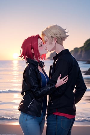 Picture a romantic anime scene by the sea at sunset, where a confident, playfully charming boy in a multi-patterned black jacket with striking blond hair embraces a radiant girl in a long Buggie tee, expressive blue and white hair, and skinny jeans. Their deep connection culminates in a tender kiss, creating a truly romantic and picturesque moment.,SAM YANG,kallen stadtfeld