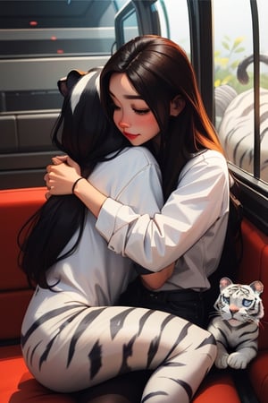 A girl with long hair, seating and hugging the white tiger