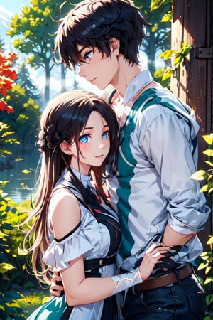 A dreamy nature background, with a misty forest setting the scene for an adorable teenage couple romancing, their anime-inspired eyes locked in a loving gaze as they explore the beauty of nature together.,girl