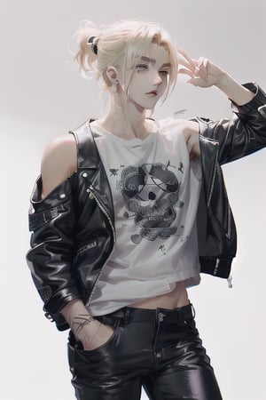 a boy, charming, romantic, playful, confident, wearing wide shoulder multi patterned black jacket with white tee and leather skinny pants, hair blond color tied in a ponytail.,eren_yeager